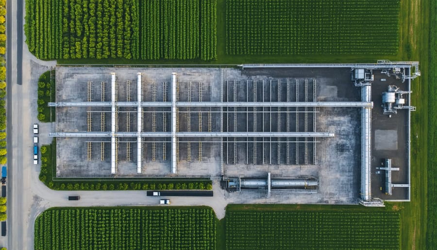 Aerial view of automated biomass processing facility with robotic sorting systems