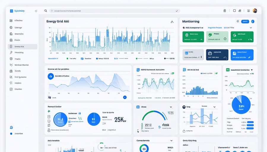 AI-powered energy grid monitoring dashboard displaying real-time data and predictive maintenance alerts