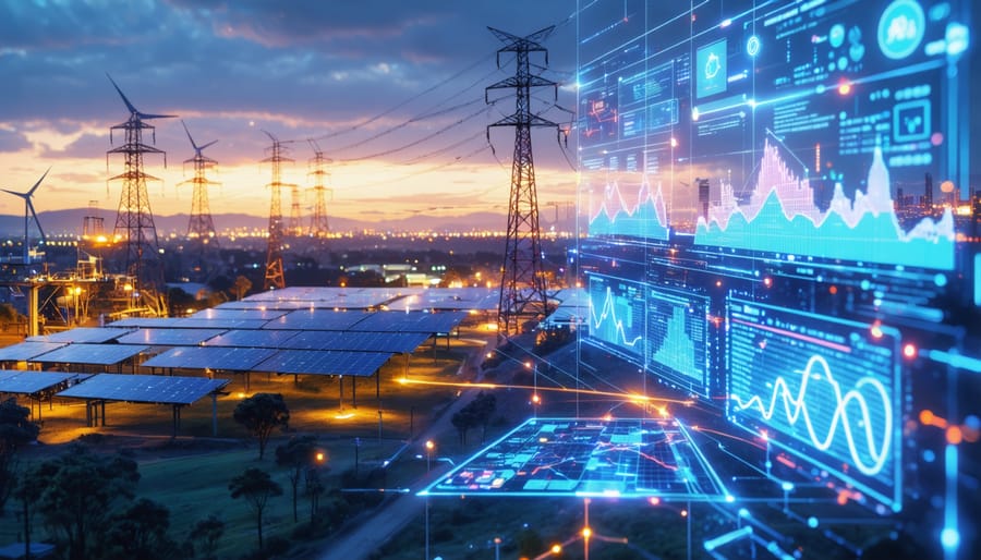 A digitally created image showing Australia's energy landscape at sunset with visible solar panels and wind turbines integrated into the power grid. A futuristic overlay graphic represents data streams, symbolizing AI and machine learning optimizing energy management.