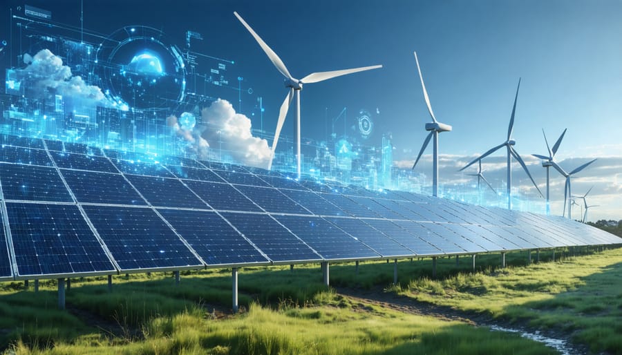 An illustration of a futuristic Australian landscape featuring solar panels and wind turbines, overlaid with AI-generated data visualizations of weather patterns and energy forecasts, symbolizing the integration of AI in renewable energy systems.