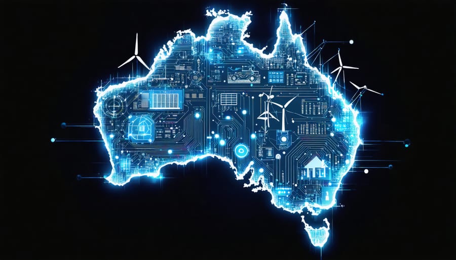 Conceptual illustration of AI merging with Australia's energy infrastructure, showing digital circuits and data, alongside symbols of solar panels and wind turbines.