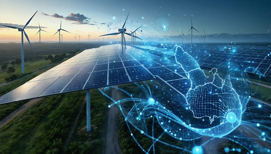 Futuristic scene illustrating AI managing solar panels and wind turbines across rural and urban Australia, with digital lines symbolizing AI data analytics.