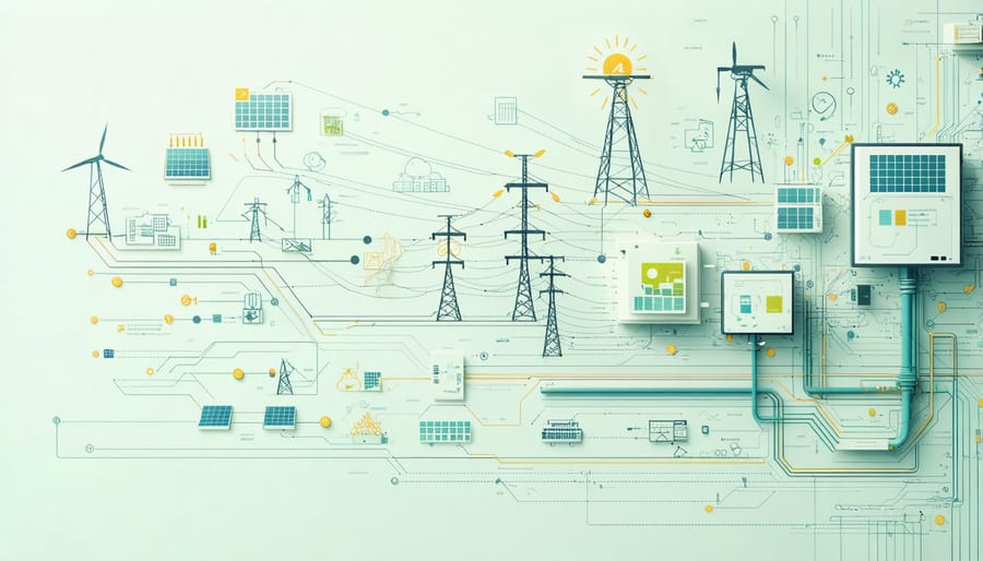 Interactive visualization showing AI managing energy flow between solar panels, wind turbines, and power grid