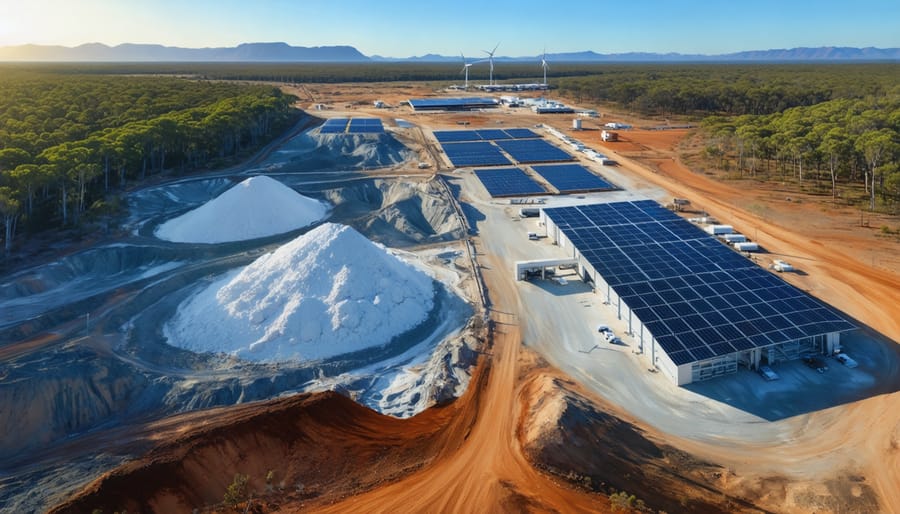 An aerial view depicting the transformation of Australia's landscape with a seamless blend of high-grade lithium mining in the outback and advanced battery manufacturing facilities powered by solar and wind energy.