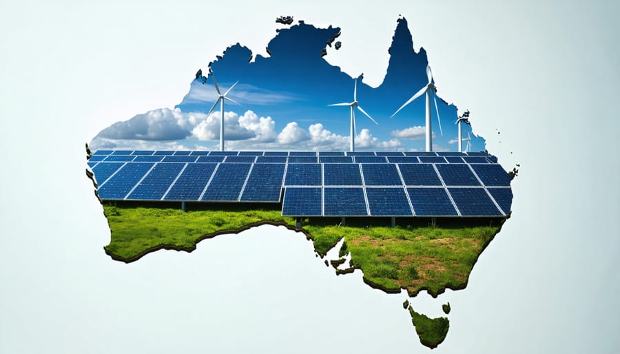 Conceptual illustration of Australia outlined with solar panels and wind turbines, symbolizing the drive toward renewable energy through impact investments.