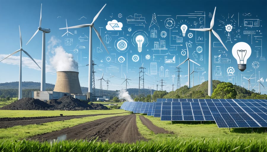 Illustration showing Australia's transition from fossil fuel-based energy to renewable solutions, featuring coal power transforming into wind turbines and solar panels, symbolizing carbon pricing-driven innovation and growth.