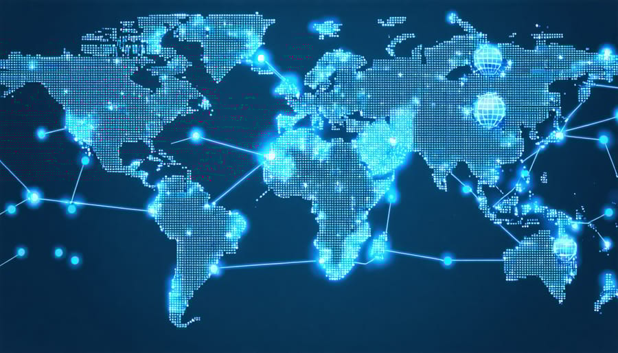 A conceptual world map illustrating Australia's international energy partnerships, with connections marked by renewable energy symbols like wind turbines, solar panels, and hydrogen cells, emphasizing global collaboration in sustainability.