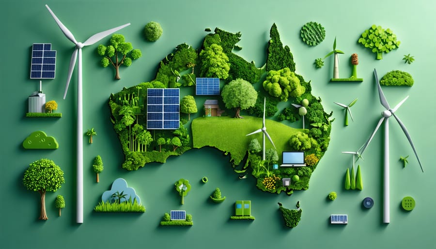 Conceptual illustration of Australia connected to Europe and North America with green energy symbols representing collaboration and innovation in renewable energy standards.