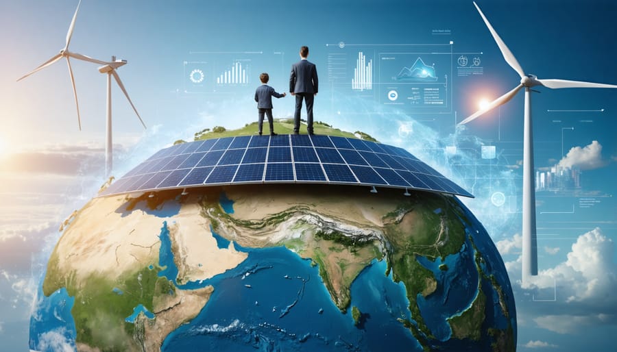 Conceptual depiction of a mentor and mentee working together to advance sustainability, with symbols of renewable energy and the Australian landscape illustrating their impact.