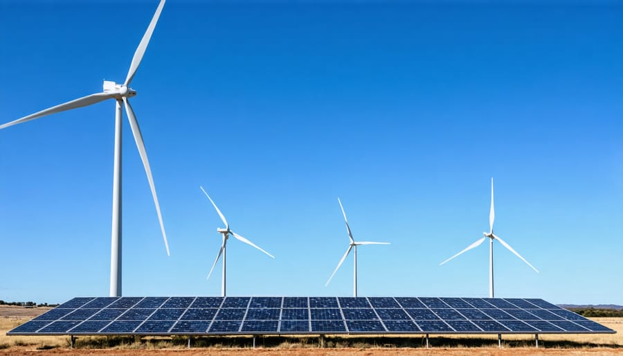 Aerial view of combined solar panels and wind turbines in South Australian landscape