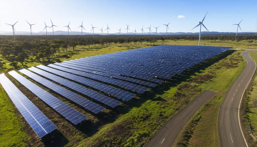 Panoramic view of Australian solar panels and wind turbines against natural landscape