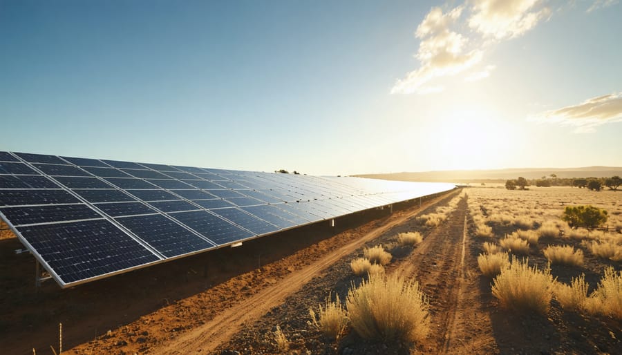 A conceptual representation of a large-scale solar farm set in a sunlit Australian landscape, showcasing advanced solar panels, integrated energy storage, and grid connections. The image symbolizes the transformation of Australia's energy sector through utility-scale solar power.