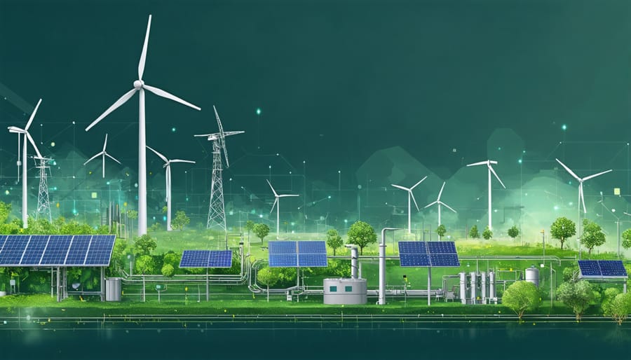 Conceptual illustration of Australia's bioenergy transformation, featuring innovative biomass processing facilities, agrivoltaics with solar panels and wind turbines, and smart grid systems integrated with agricultural landscapes.