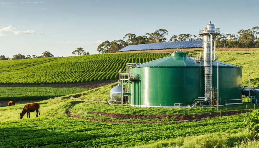 An Australian farm showcasing a modern biogas digester system integrated into the landscape, with solar panels in the background and animals grazing, representing the synergy between agriculture, waste management, and renewable energy.