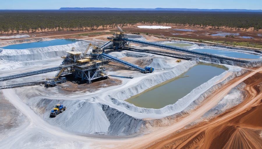 Large-scale lithium mining operation in Western Australia with white mineral deposits and mining vehicles