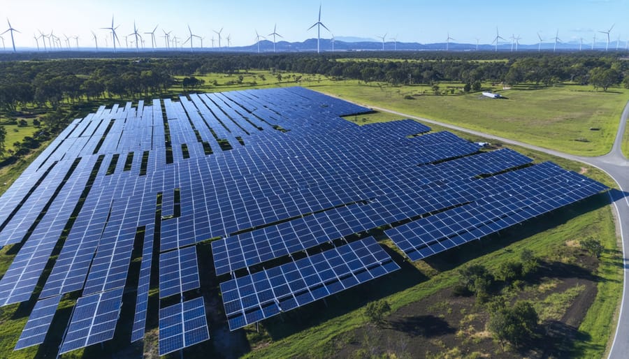Expansive solar panel installation alongside wind turbines in the Australian outback