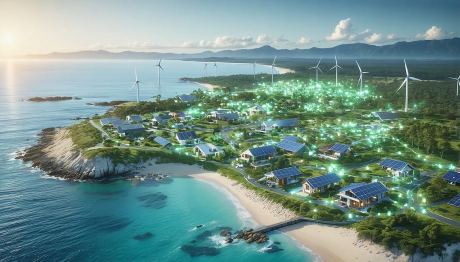 Conceptual illustration of an Australian community using interconnected renewable energy systems, including solar panels, wind turbines, and bioenergy facilities, to demonstrate the idea of resiliency zones ensuring sustainable energy flow and community empowerment.