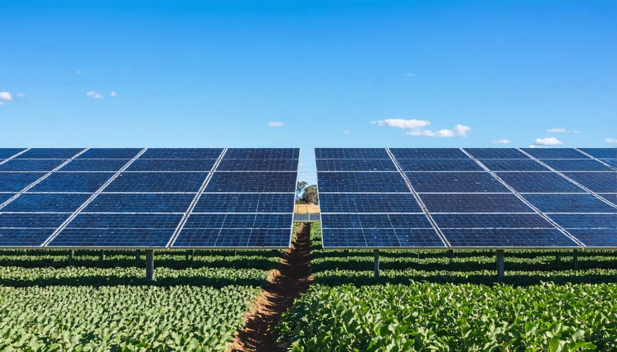 Aerial view of solar panels next to biomass cultivation demonstrating renewable energy integration