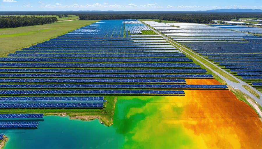 Drone photograph of large-scale solar installation with superimposed AI analytics dashboard