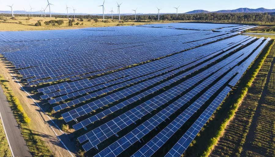 Large solar panel installation in the Australian outback with wind turbines on the horizon