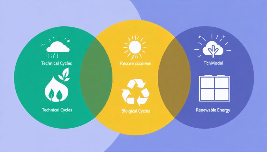 An illustration of the 3 Circle Model with overlapping circles representing technical cycles, biological cycles, and renewable energy, complemented by icons symbolizing sustainability and resource management.