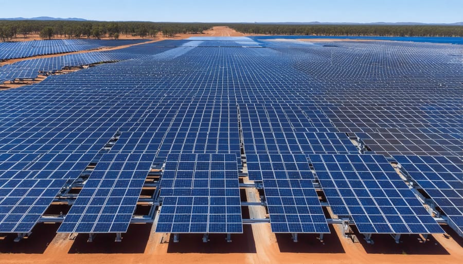 Aerial photograph of utility-scale solar installation in rural Australia with thousands of solar panels