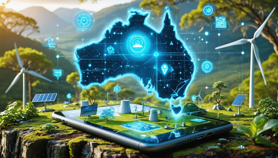 Visual representation of Australia's clean energy revolution, featuring diverse small investors connecting through technology amidst a backdrop of wind turbines and solar panels, symbolizing the democratization of renewable energy investment.