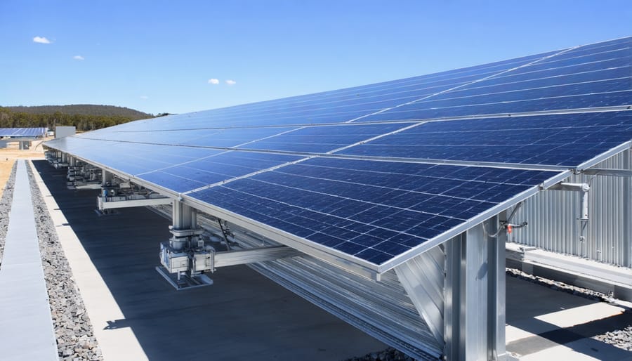Modern zinc energy storage facility integrated with solar installation in Australian landscape