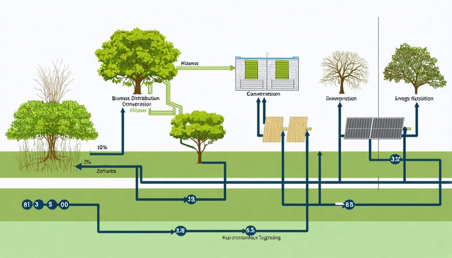 Infographic illustrating how biomass is converted to energy and distributed through a community resiliency zone