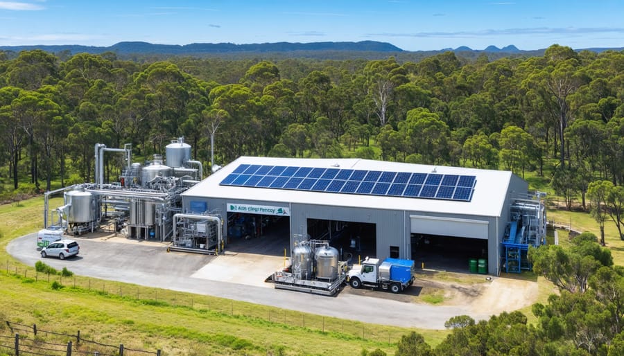 Small Australian business utilizing bioenergy, featuring solar panels and a biogas facility, set against a lush landscape background, symbolizing sustainable business operations.