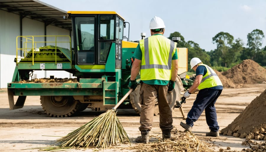 Local workers setting up bioenergy equipment, highlighting job creation in renewable energy sector