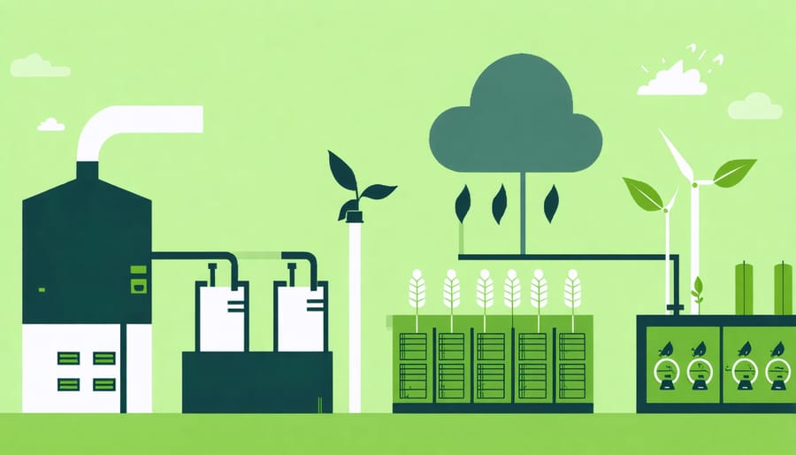 Visual representation of biogas benefits including carbon reduction and revenue statistics