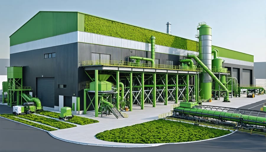 Industrial biomass processing plant with automated sorting and conversion equipment