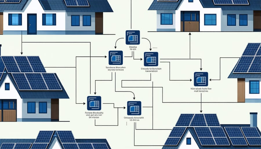 Network diagram illustrating peer-to-peer energy trading using blockchain technology