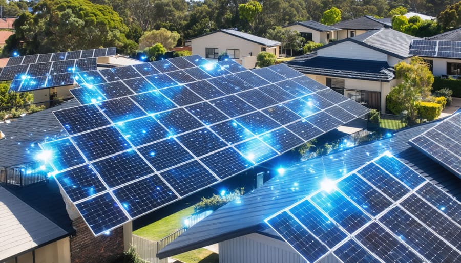 Illustration of an Australian neighborhood with solar panels on rooftops, connected by digital blockchain nodes indicating energy flow and transactions.