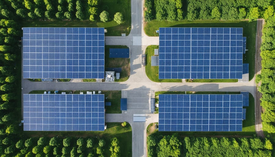 Bird's eye view of an integrated community energy system showing solar arrays, storage facilities, and control center