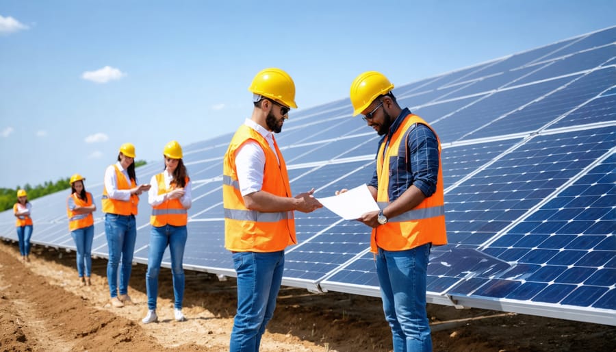 Rural residents working together to install solar panels in a community-owned energy project