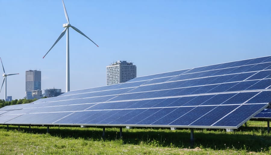 Large-scale renewable energy installation powering commercial buildings
