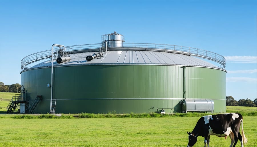 Modern biogas digester system with storage tanks at an operational dairy farm