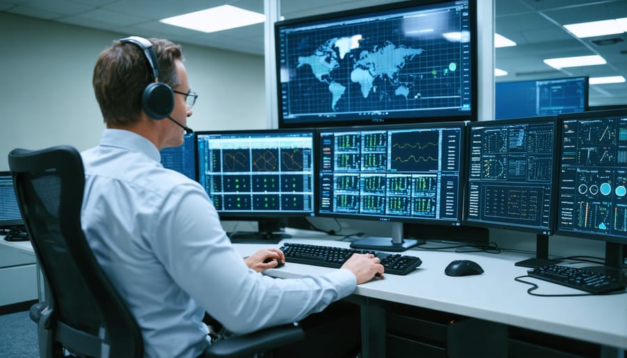 Energy facility control room with security personnel monitoring multiple screens displaying cybersecurity dashboards