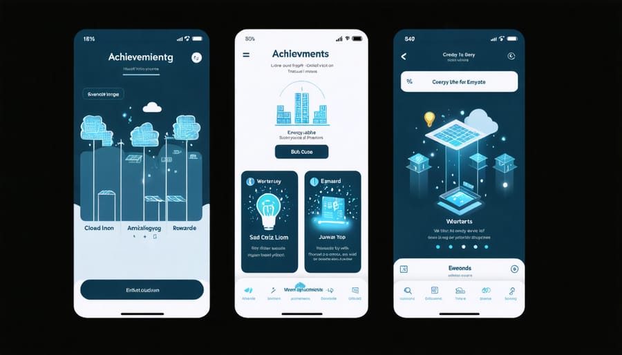 Smartphone screen displaying energy-saving game interface with progress badges