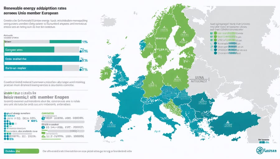 Color-coded map of EU countries displaying renewable energy target achievements and standards compliance