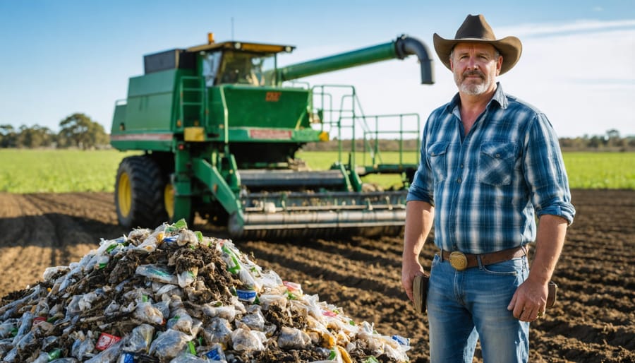 Farmer examining bioenergy equipment converting agricultural waste to power on their property