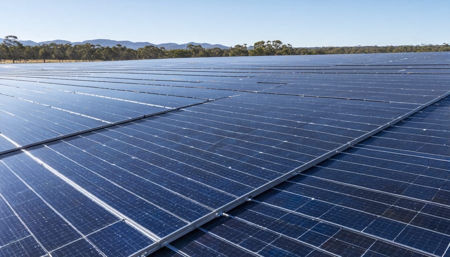 A futuristic solar farm depicting advanced solar panels with multi-layer and flexible designs, featuring perovskite and quantum dot technologies against an Australian landscape backdrop.