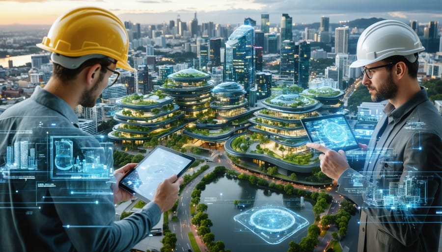 A futuristic view of an Australian city characterized by sustainable architecture, featuring eco-friendly buildings with solar panels and green rooftops. Construction professionals are seen using digital tools, emphasizing the integration of green technologies in building practices.