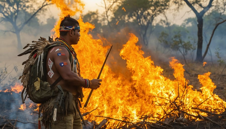 Aboriginal ranger using traditional fire management techniques in Australian bushland