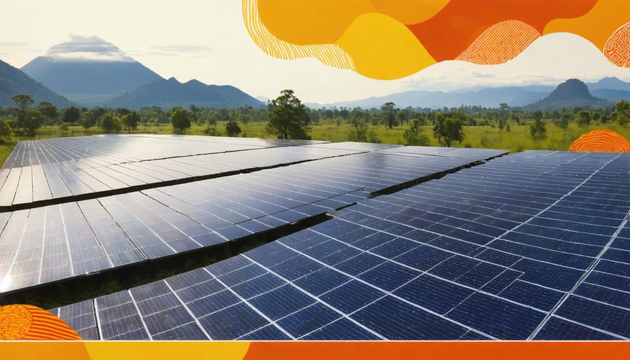 Indigenous community leaders and renewable energy developers collaboratively examining plans on a solar farm located on traditional lands, with elements of Indigenous art subtly incorporated into the landscape.