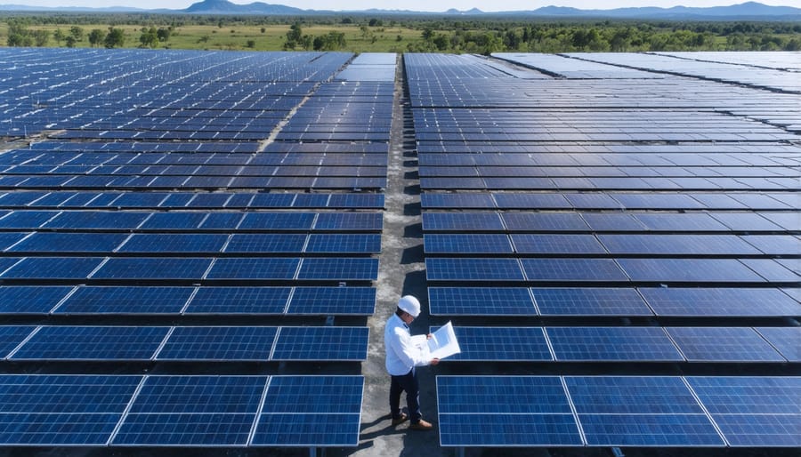 Indigenous community leaders and renewable energy developers reviewing solar farm plans on traditional lands