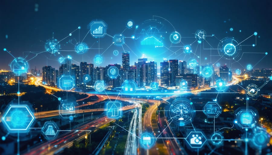 Conceptual image of a city enhanced with IoT networks and smart sensors demonstrating energy optimization and sustainability.