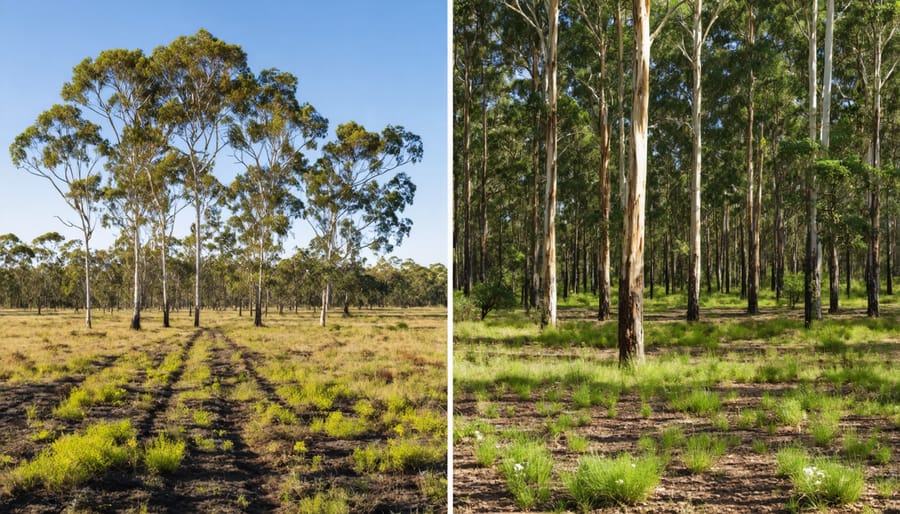 Split image showing healthy biodiversity in Indigenous-managed land next to degraded unmanaged area